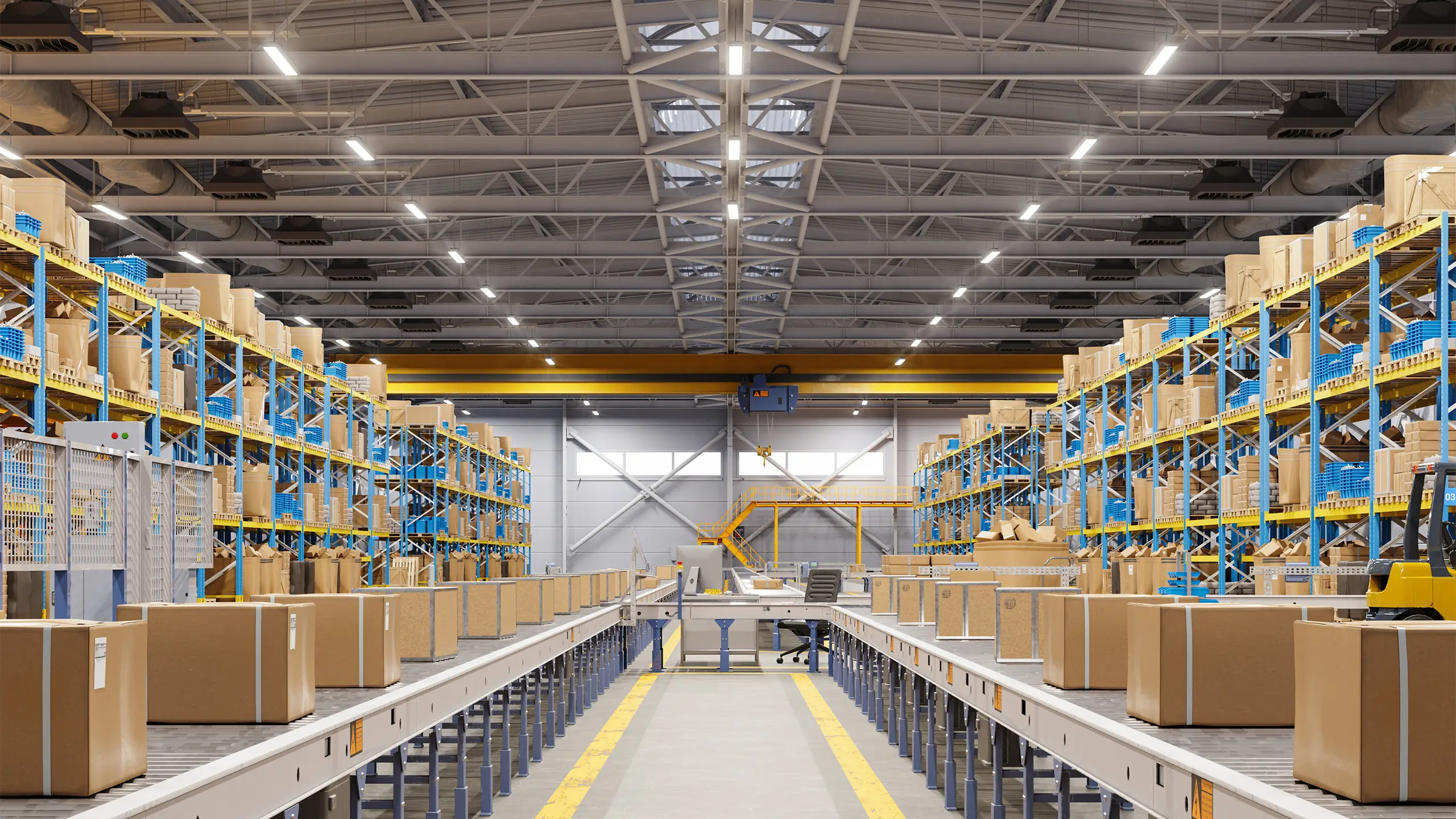 close up of cardboard boxes on conveyor belt in distribution warehouse